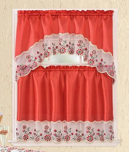 Miniatura 4 de YHSF Set de cortinas de cocina de 3 piezas con cenefa - Juego de cortinas de ventana de 2 niveles y cenefa con diseño de bolsillo para barra,