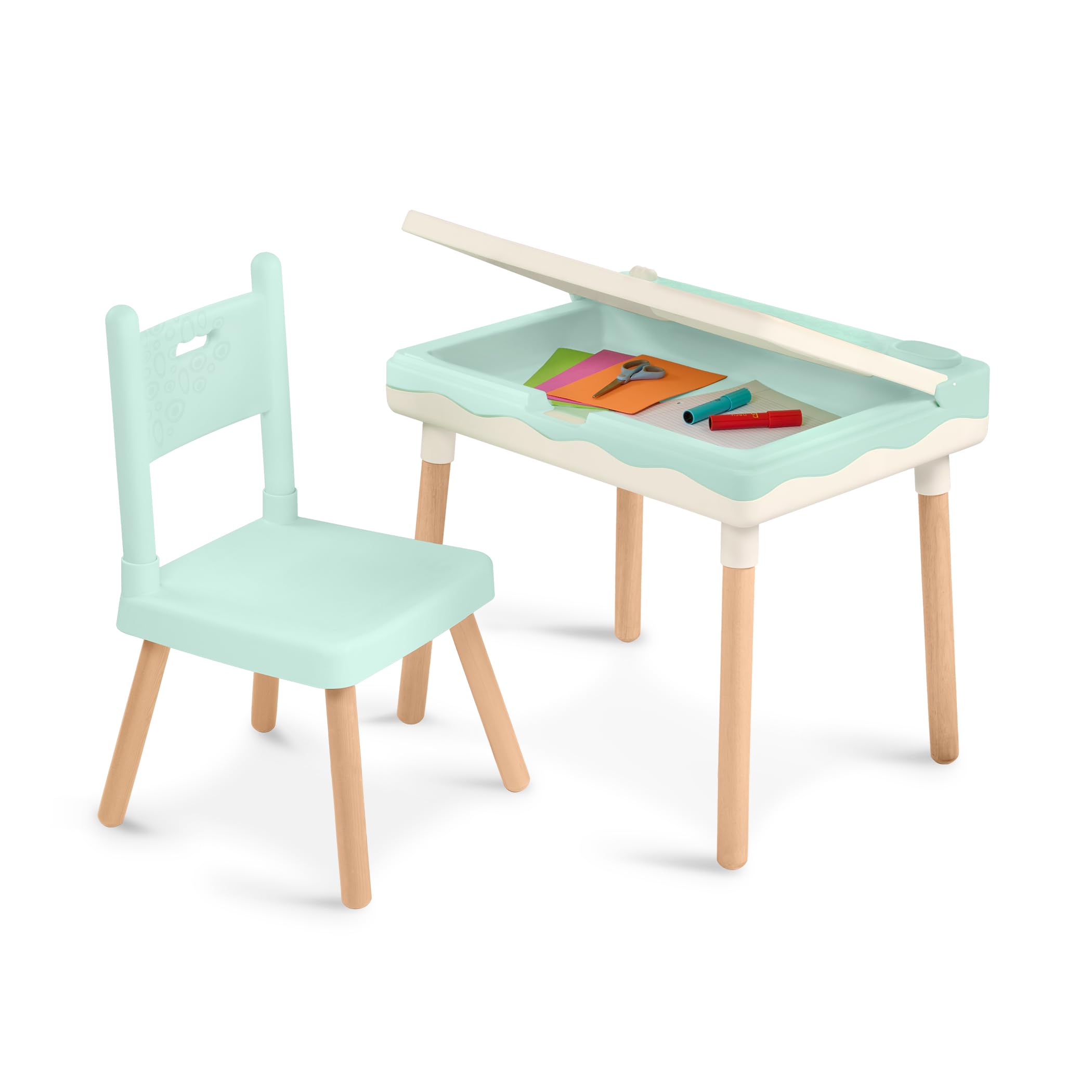 B. toys scrivania e sedia per bambini, con portamatite integrato | Con portamatite e gestione dei cavi integrata; 63,5 x 47 x 58,7 cm; Set da 10; verde menta e avorio; 3+ anni