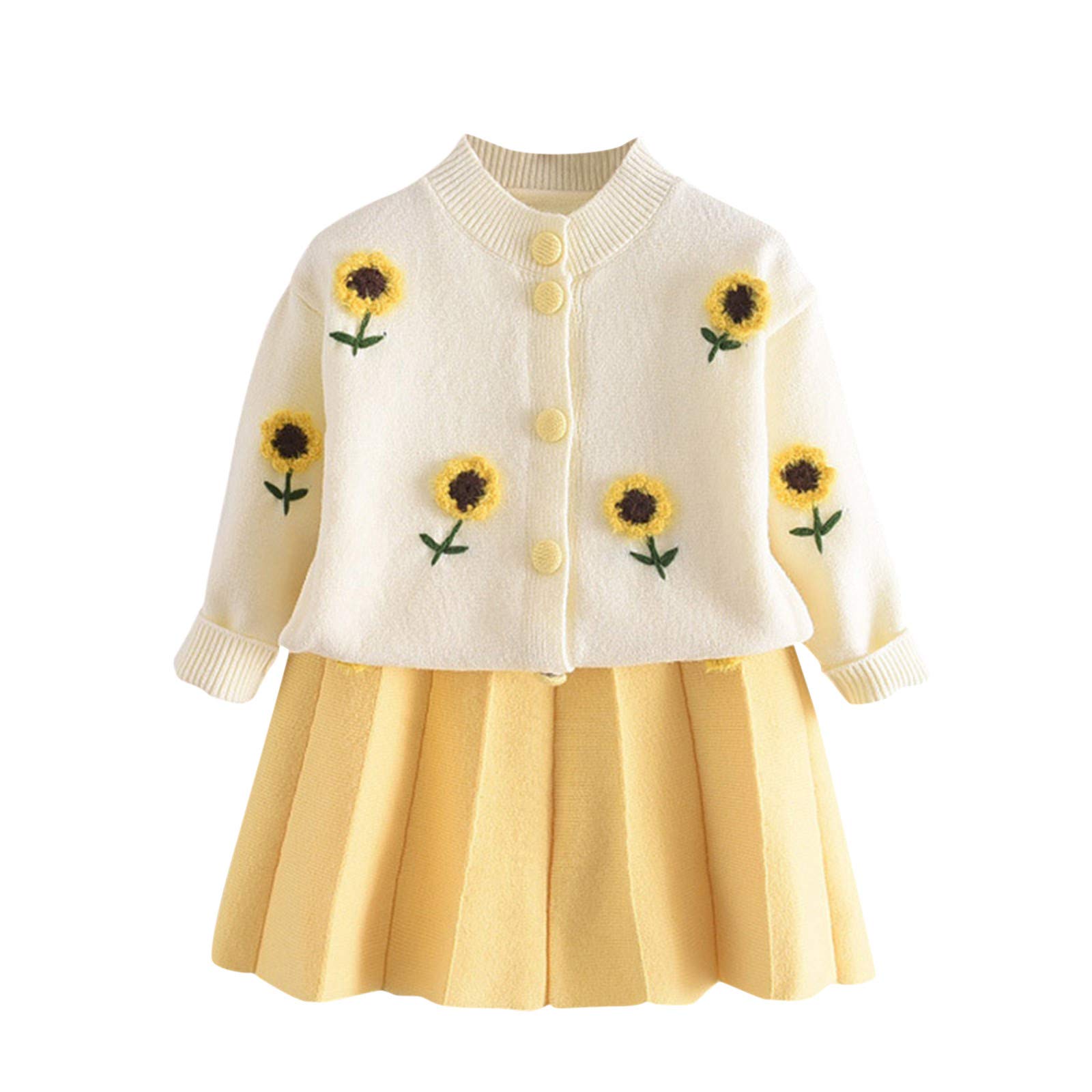 RNTOP Toddler Baby Girls Outfits Sweater Dress Set Kids Long Sleeve Knitted Sweater Cardigan Tops (Yellow, 2-3 Years)