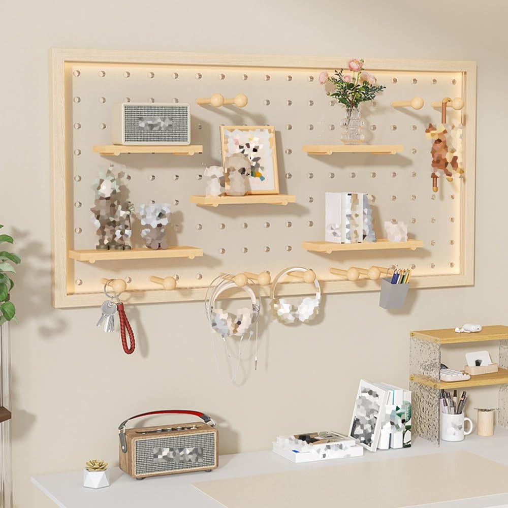 Pegboard Organiser, Holz Ornament Display Peg Board, Wandhalterung Display Stand, Storage Combination Set Mit Dekorativem Brett Holzstäbe Für Home Office Garage(WoodB,65X85X2cm)
