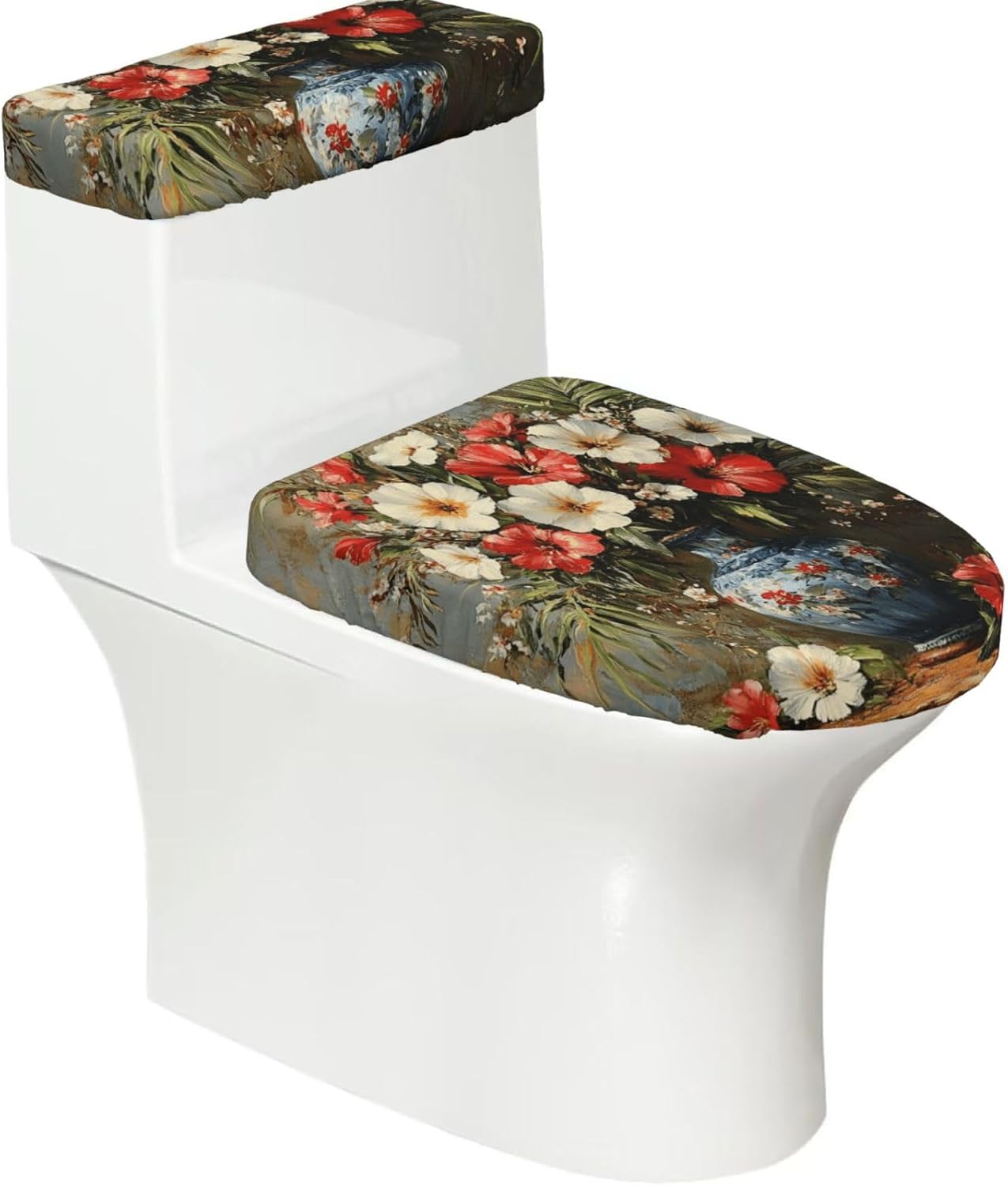 Penguins Toilet Lid Cover and Toilet Tank Lid Cover Set, 2-Piece Bathroom Toilet Lid Seat Cover Set Polyester Set for U/O/Long Shape Toilets