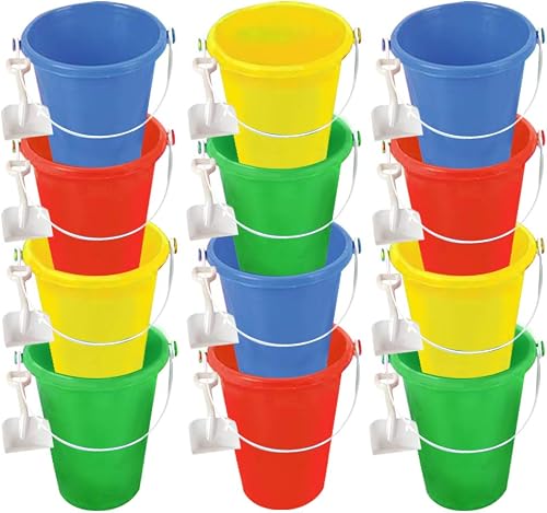 ArtCreativity 6 Inch Mini Plastic Beach Bucket and Shovel Set - Pack of 12 - Assorted Colors Buckets and White Shovels - Summer Beach Toys - Practical Gift, Party Favor and Prize