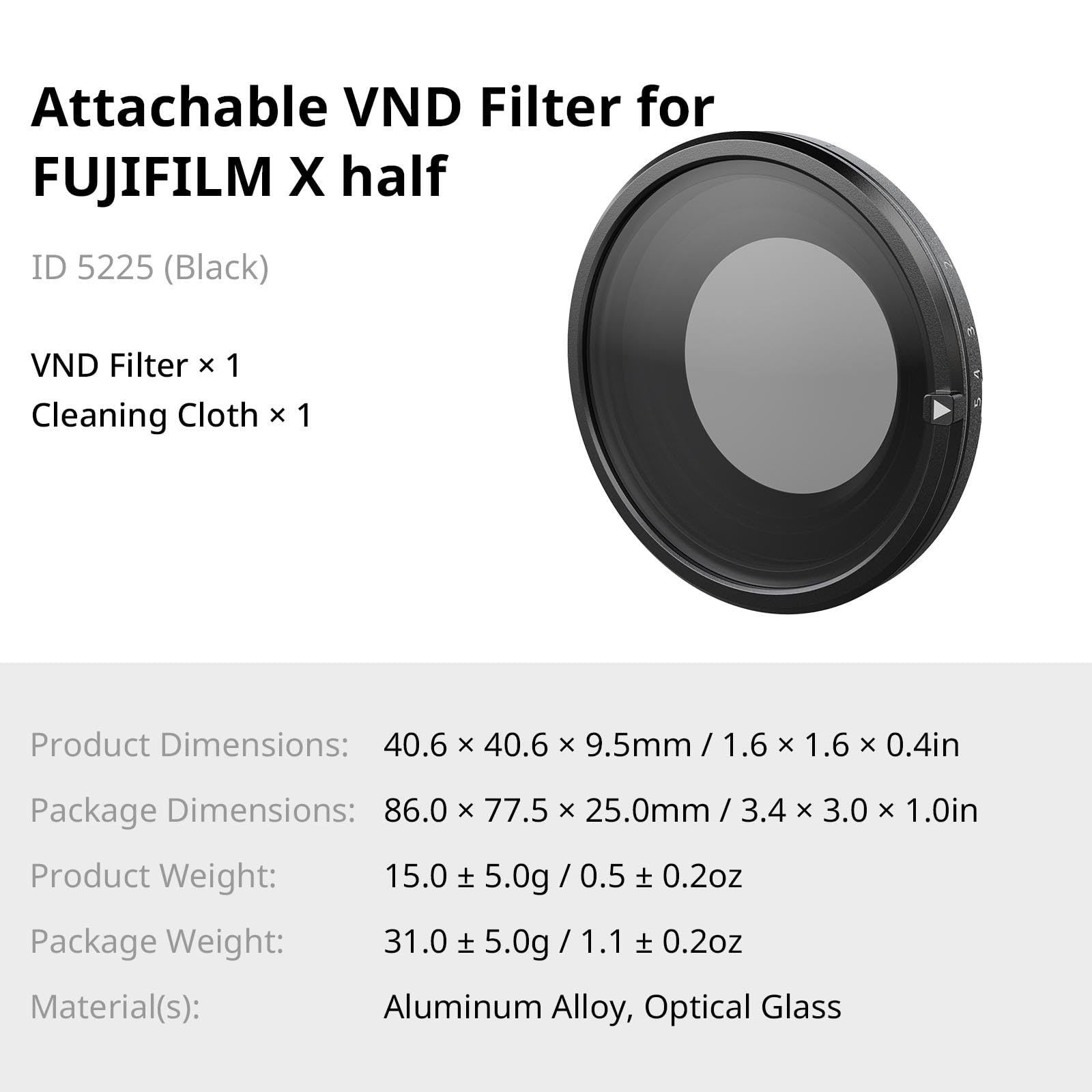 SMALLRIG Filtro VND magnetico ND2 - ND32 per FUJIFILM X Half, regolazione continua di precisione da 1 a 5 stop, vetro ottico, rivestimento multistrato impermeabile e antigraffio, anti-riflesso 5225
