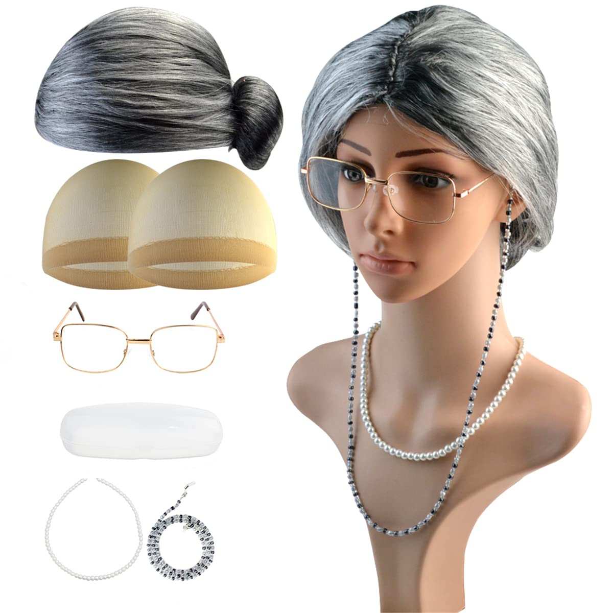 Kit De 5 Piezas De Disfraz De Anciana – Peluca Gris Con Gorro, Gafas, Cadena Para Gafas Y Collar De Perlas, Ideal Para Halloween, Carnaval Y Cosplay