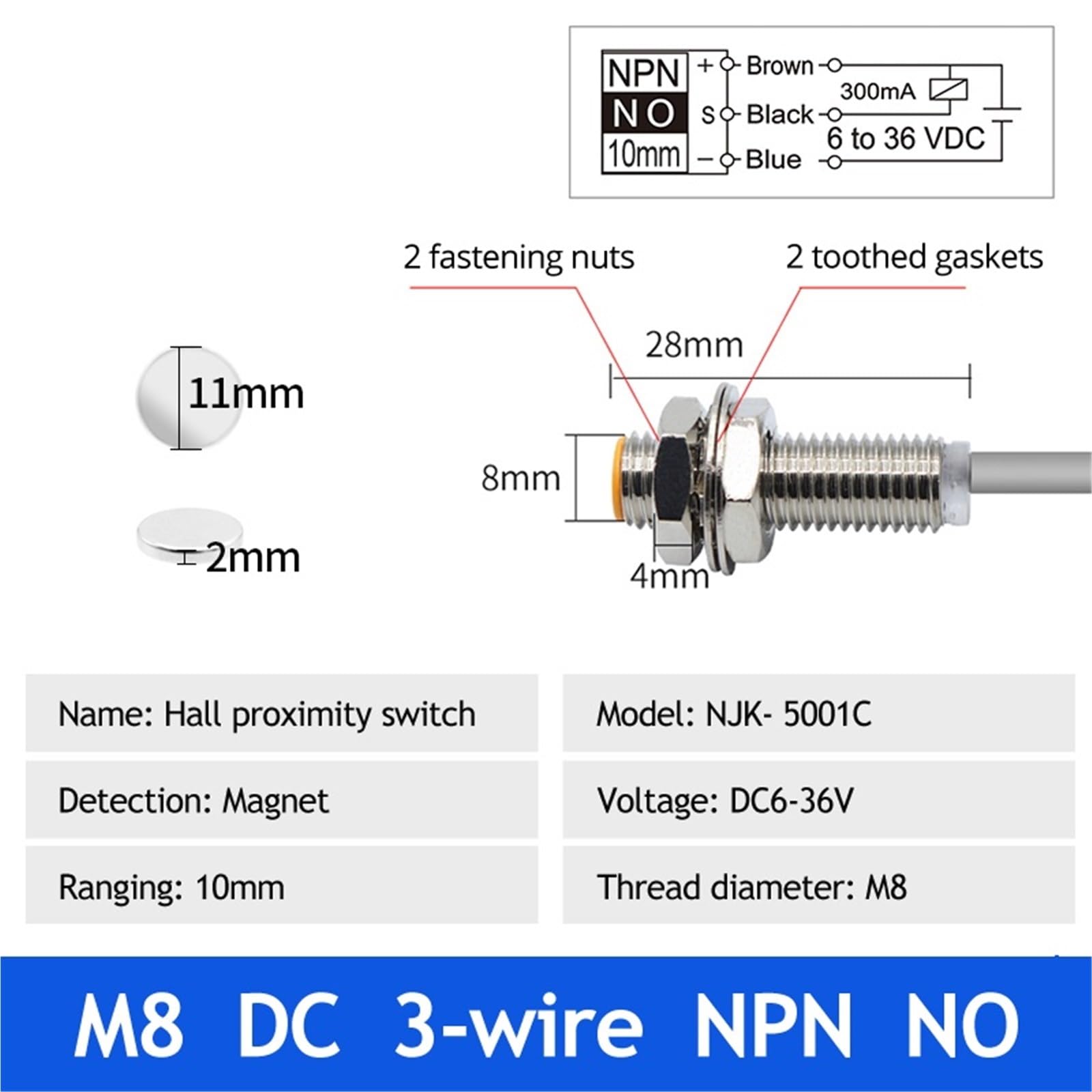1 pz Interruttore Hall NJK-5002 Sensore di prossimità Polo Magnetico induttivo M8/M12 Normalmente Aperto/Chiuso Sensore di prossimità Effetto 24 v(Njk-5001c)