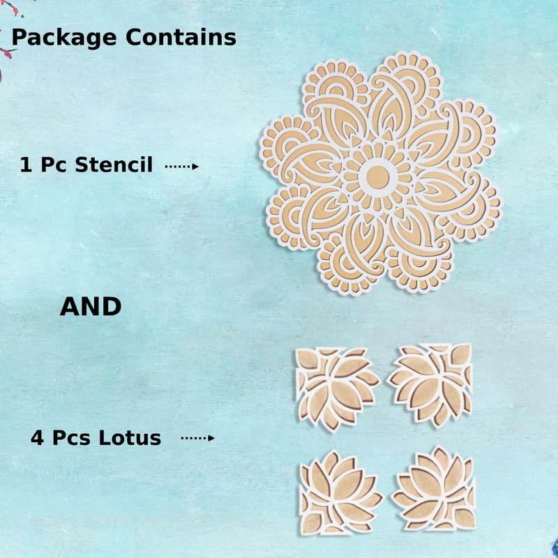 Image of Divyakosh Rangoli Making Stencils,11 Inch, Rangoli Mat (Style -Leaf with 4 Pcs Small Lotus)| Reusable Rangoli Mats for Decoration, Diwali Decoration Items, Rangoli Stencils|