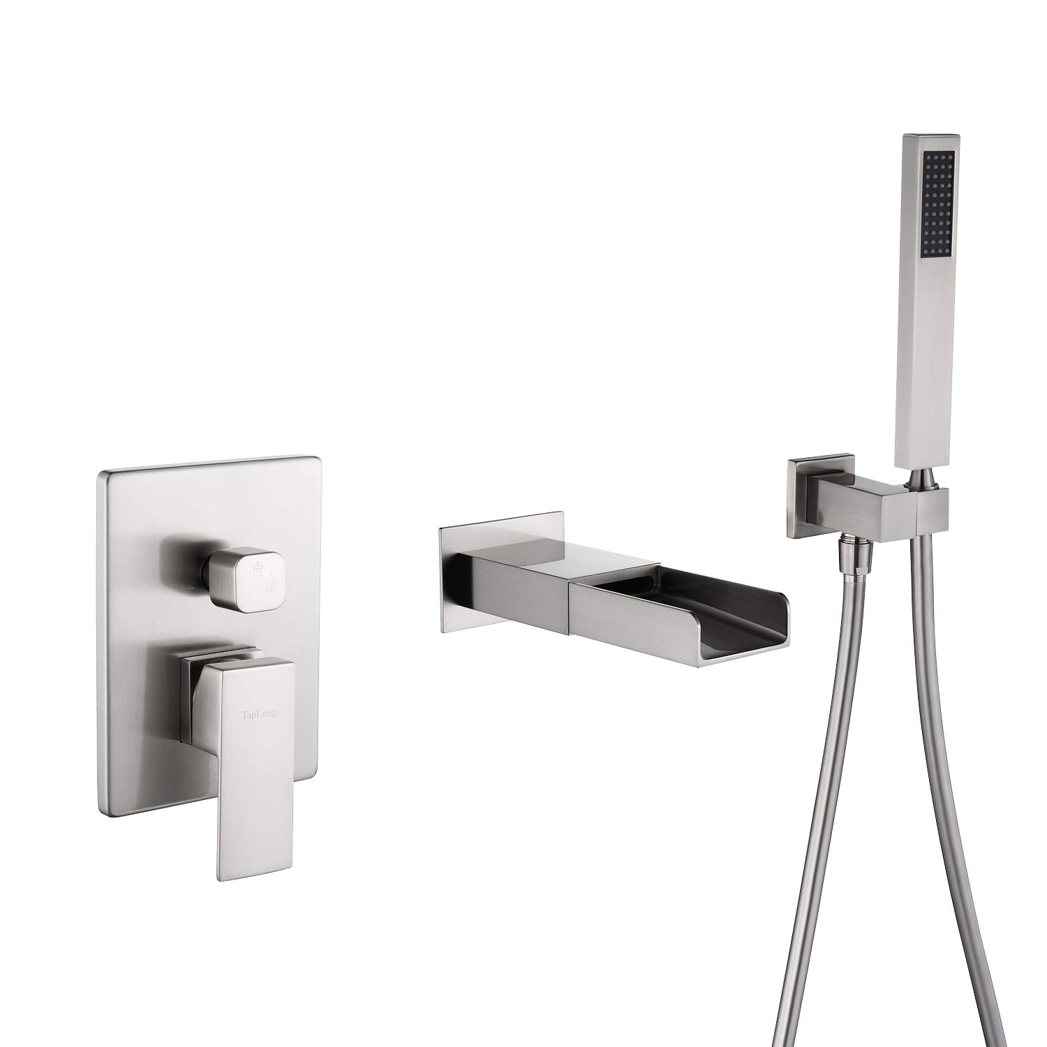 TapLong Wall Mounted Bathtub Faucet with Sprayer, Single Handle Tub Filler with Hand Shower, 3 Holes Contemporary Waterfall Tub Faucet (Rough-in Valve and Trim Kit Included), Brushed Nickel, 00141S