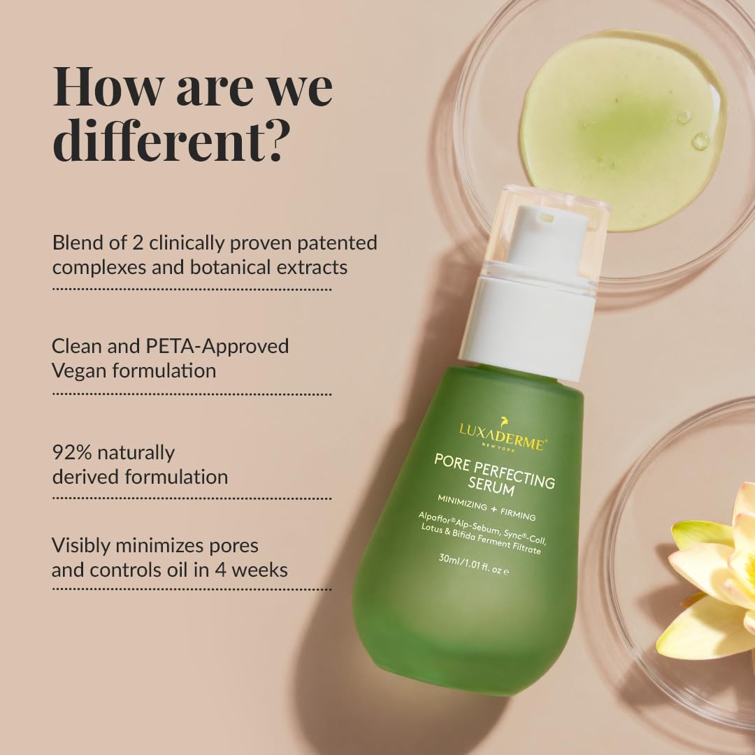 LuxaDerme Korean Pore Perfecting Face Serum with Lotus Water, Galactomyces & Bifida Ferment | Clinically Proven Patented Actives to Minimize Pores, Control Oil & Sebum, Reduce Acne & Anti-Aging | Vegan Korean Skincare for Men & Women | 30 ml 2