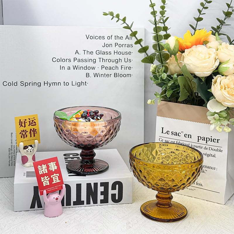 Vintage Glass Dessert Bowls Set of 6-12 Oz, Green Embossed Glass Ice Cream Bowls for coconut peach ice cream Fruit Pudding Trifle Parfait(12 Oz, rhombic) - Image 4