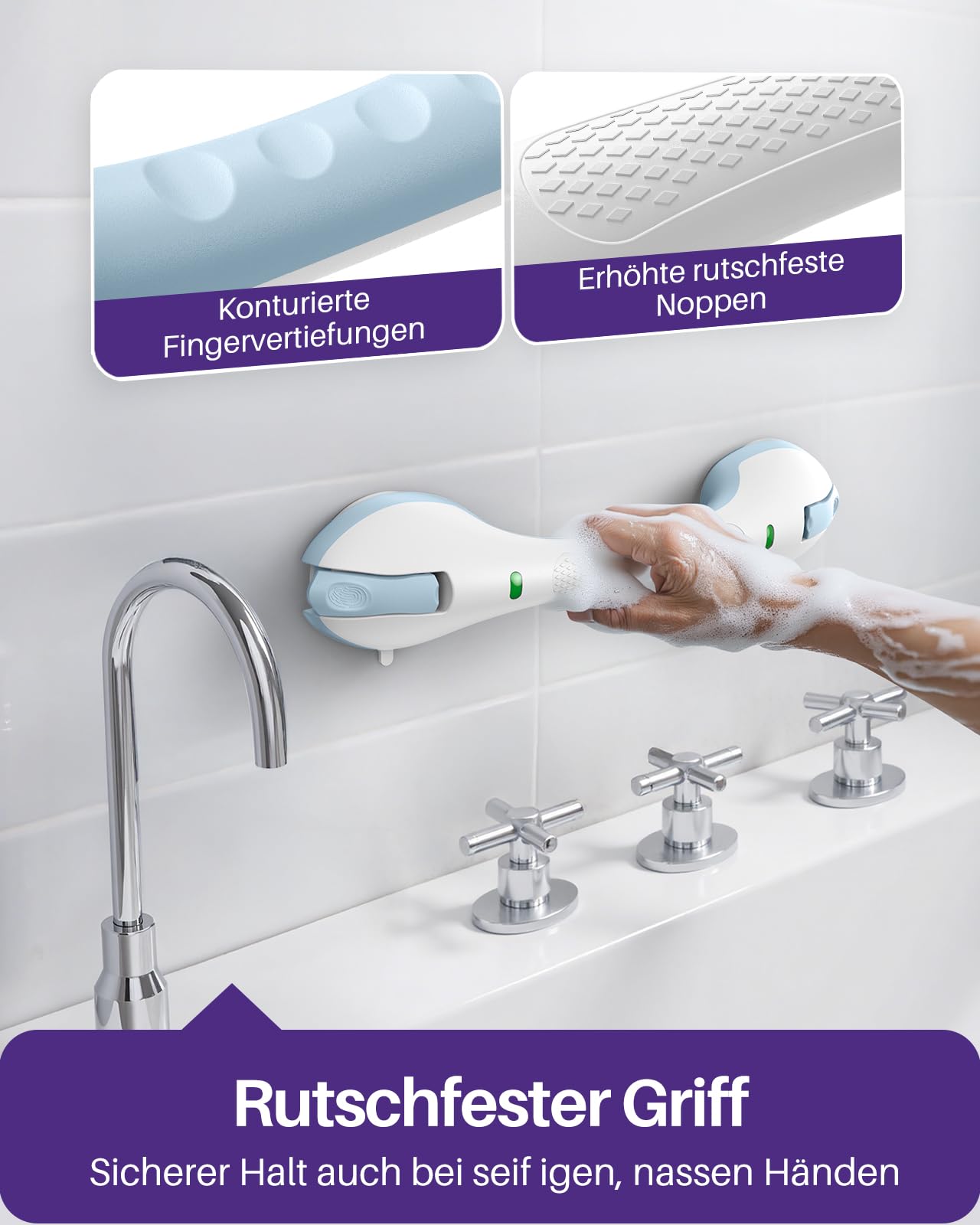 KEKOY Haltegriff mit Saugnapf & Indikator, Haltegriff Dusche ohne Bohren | 44 cm Haltegriffe für Senioren, Max Halt Duschgriff mit Saugnapf für Badezimmer & Badewannen, entfernbar, 2er Hellblau