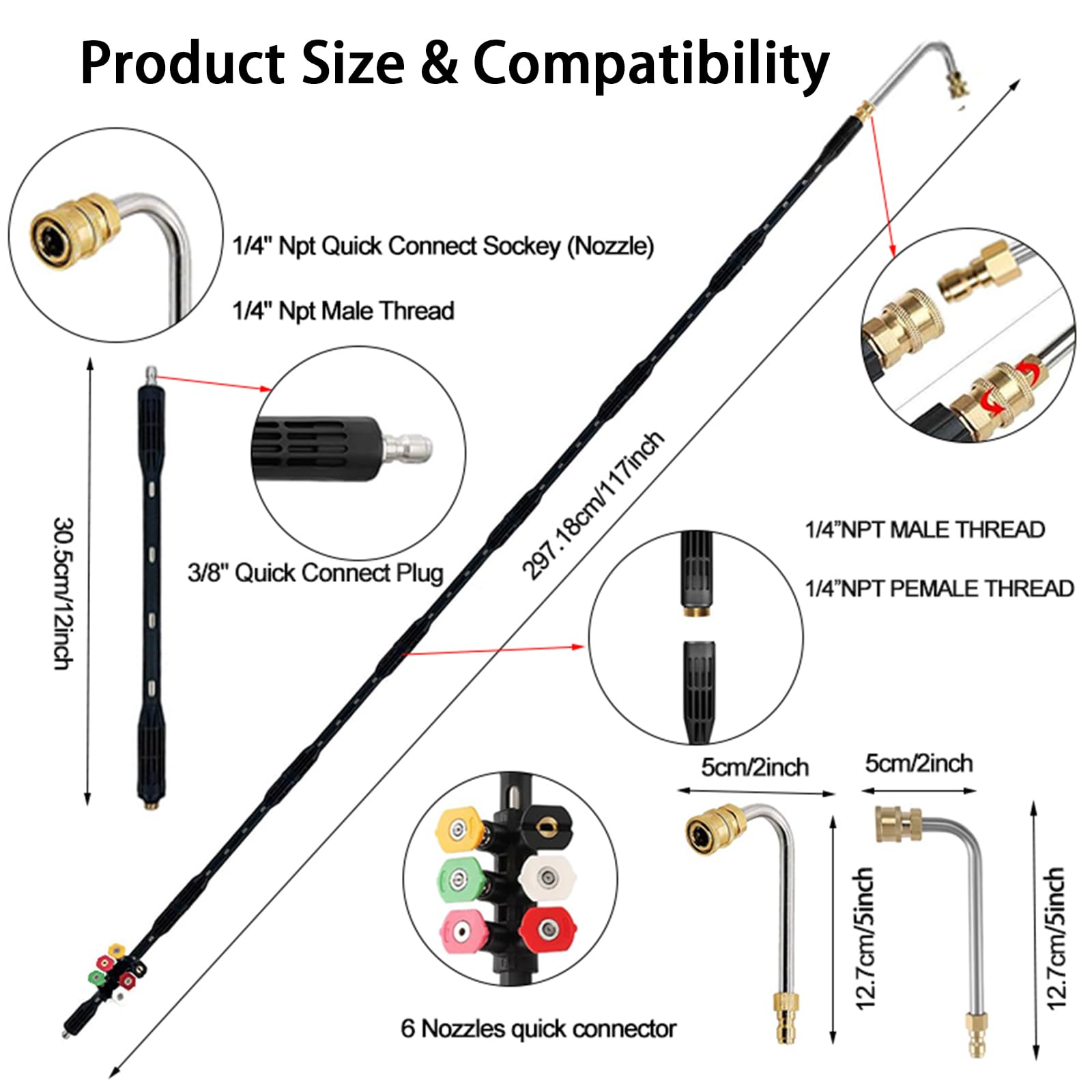 10 bacchette di estensione per idropulitrice con adattatore compatibile con Karcher K Series K2 K3 K4 K5 K6 K7, 4000 PSI strumenti di pulizia della grondaia, lancia di estensione da 1/4 di pollice a
