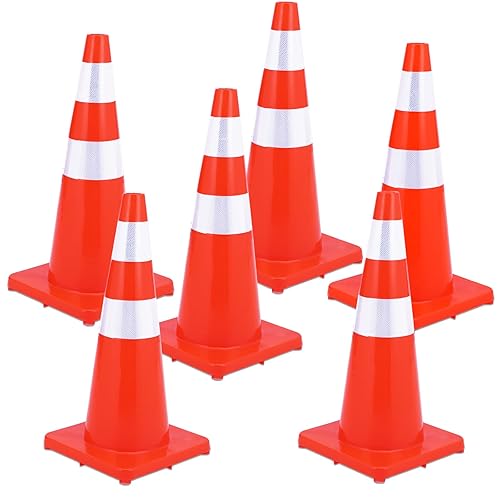 Towallmark Paquete de 6 conos de tráfico de 28 pulgadas, conos de seguridad, conos naranjas de PVC con collares reflectantes, construcción de