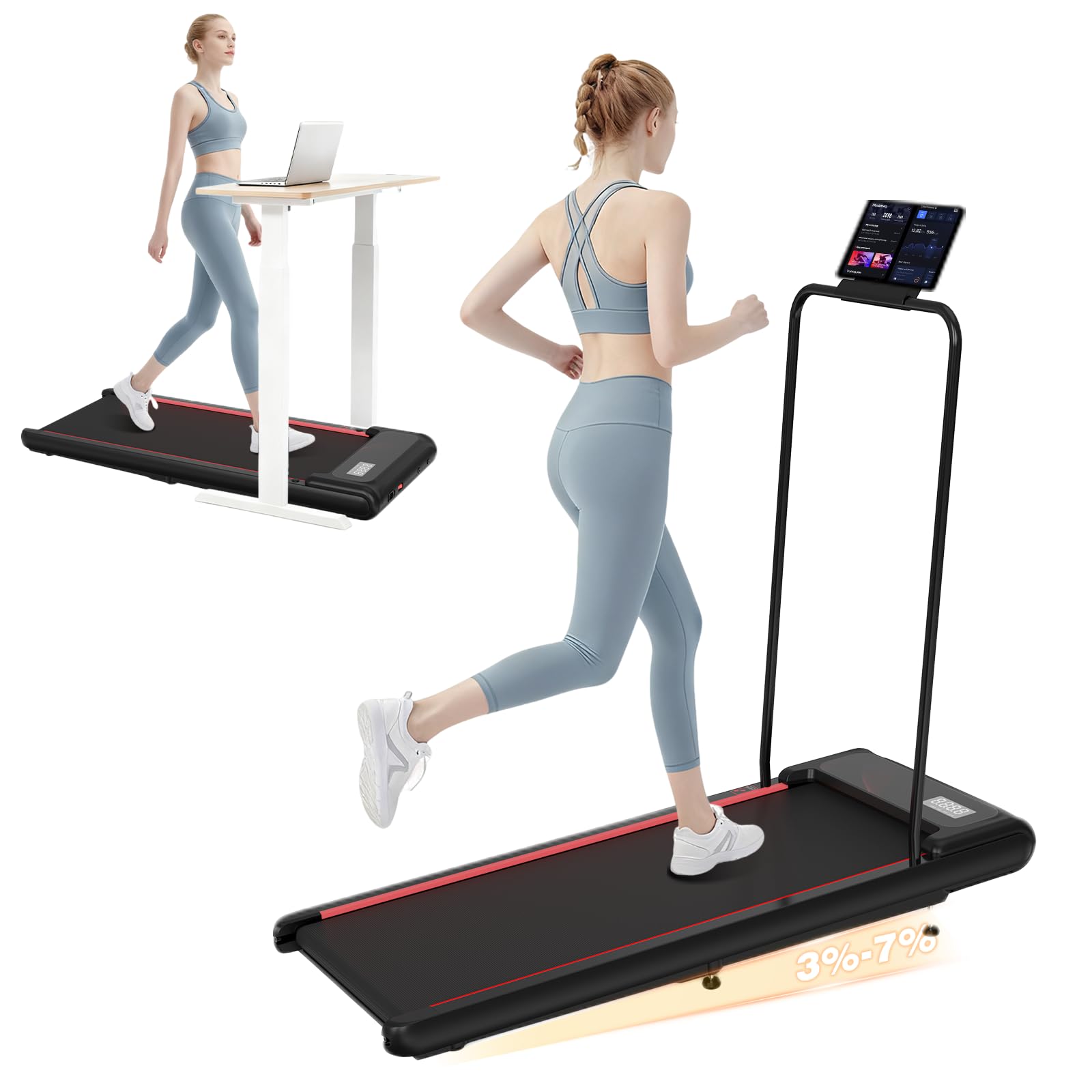 Tapis Roulant, Tapis Roulant Compatto con Manubrio Rimovibile, Walking Pad 3 Livelli Inclinazione, Supporto Tablet, Motore Silenzioso, Telecomando & Display, per Casa e Ufficio