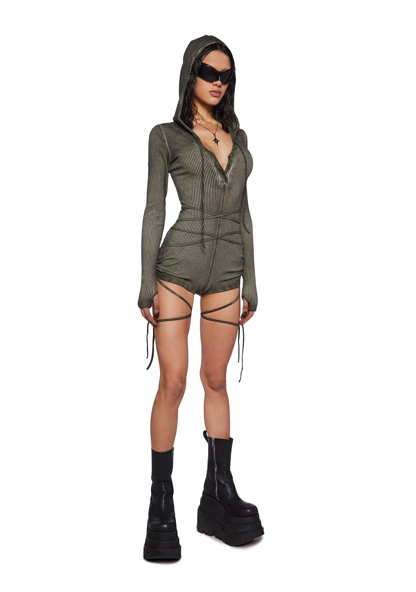 Dolls Kill Crossfade Hooded Romper by DARKER WAVS – Ribbed Jersey, Button-Up Front, and Ruched Sides: Medium Green