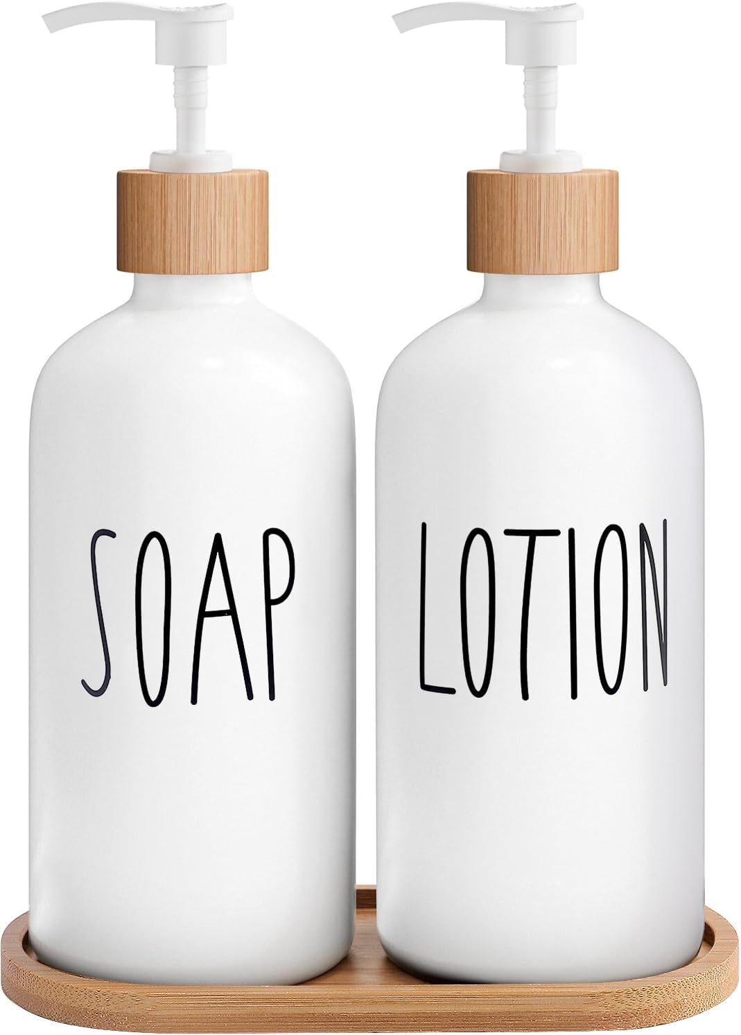 MOMEEMO White Soap Dispenser Bathroom Set, Bathroom Soap Dispenser Set with Glass Soap Dispenser, Bamboo Pumps & Tray. Soap and Lotion Dispenser Set Suitable for Bathroom Accessories Decor. (White)