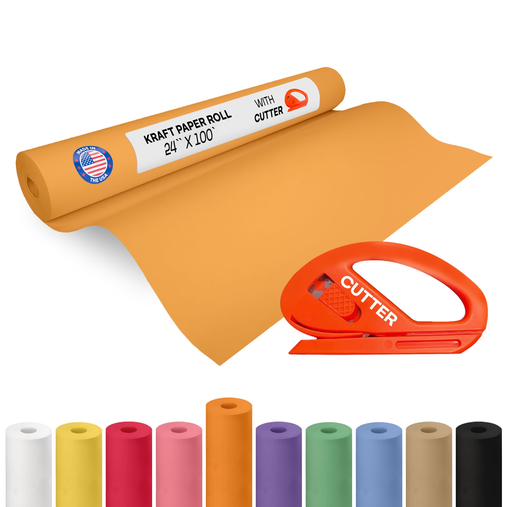 Orange Kraft Paper Roll 24" x 1200" (100 feet) with Cutter - USA-Made Gift Wrapping Paper for Packing, Moving, Shipping &amp; Crafts/Arts - 100% Recyclable Natural Craft Material by IDL Packaging