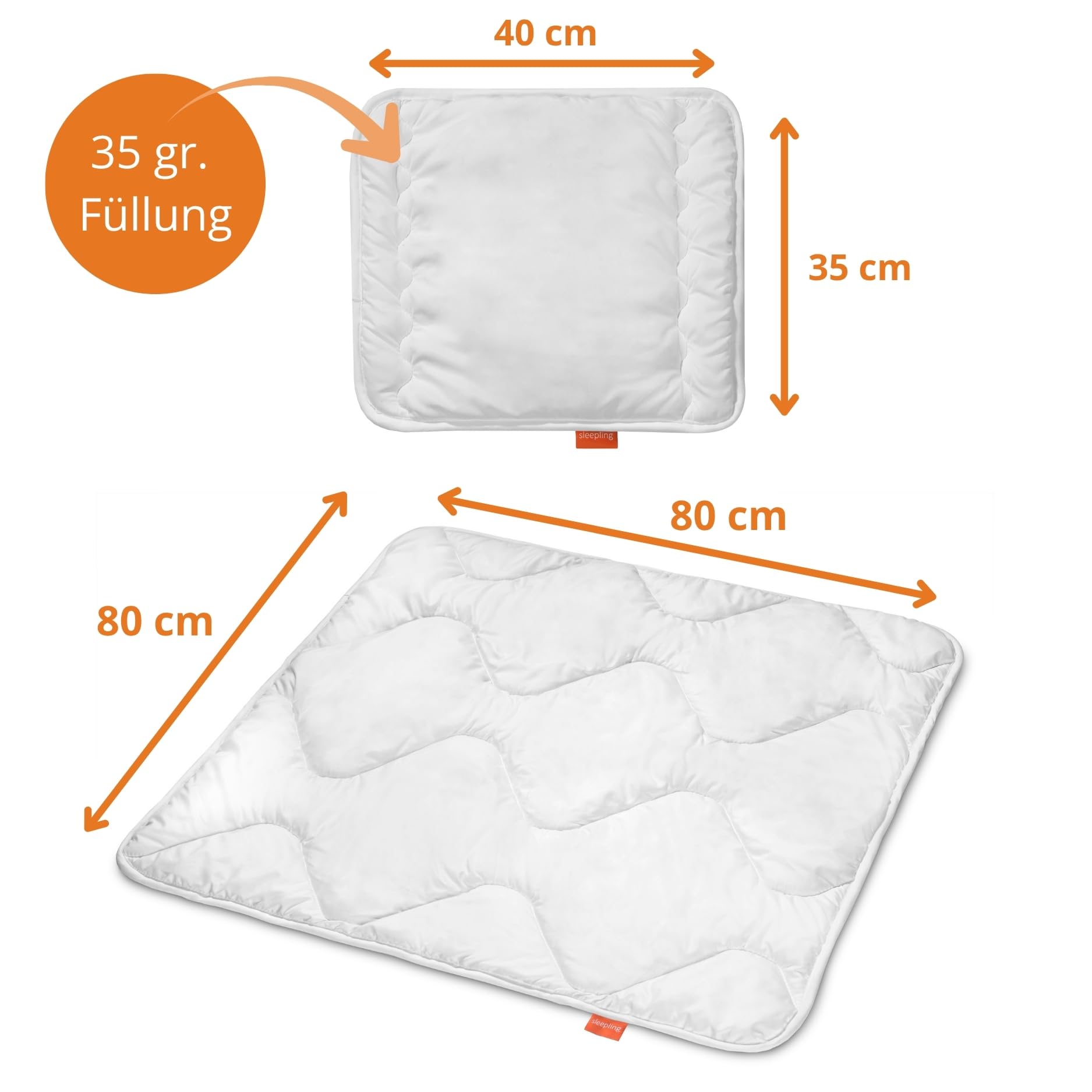 sleepling 196277 baby set per lettino bimbo composto da piumino per tutto l'anno 80 x 80 cm e cuscino piatto 35 x 40 cm, 100% microfibra, anallergico, bianco