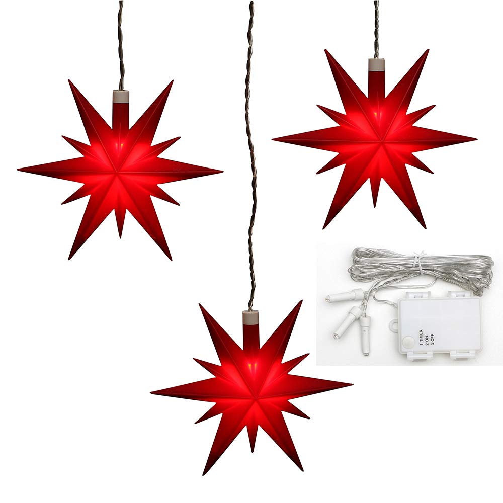 ***3er Set Weihnachtssterne aus Kunststoff in rot, inkl. LED Beleuchtung und 6h Timer, für Batteriebetrieb, für Innen und Außen geeignet. Maße je Stern L/B/H: 13,5 x 5,5 x 12 cm.