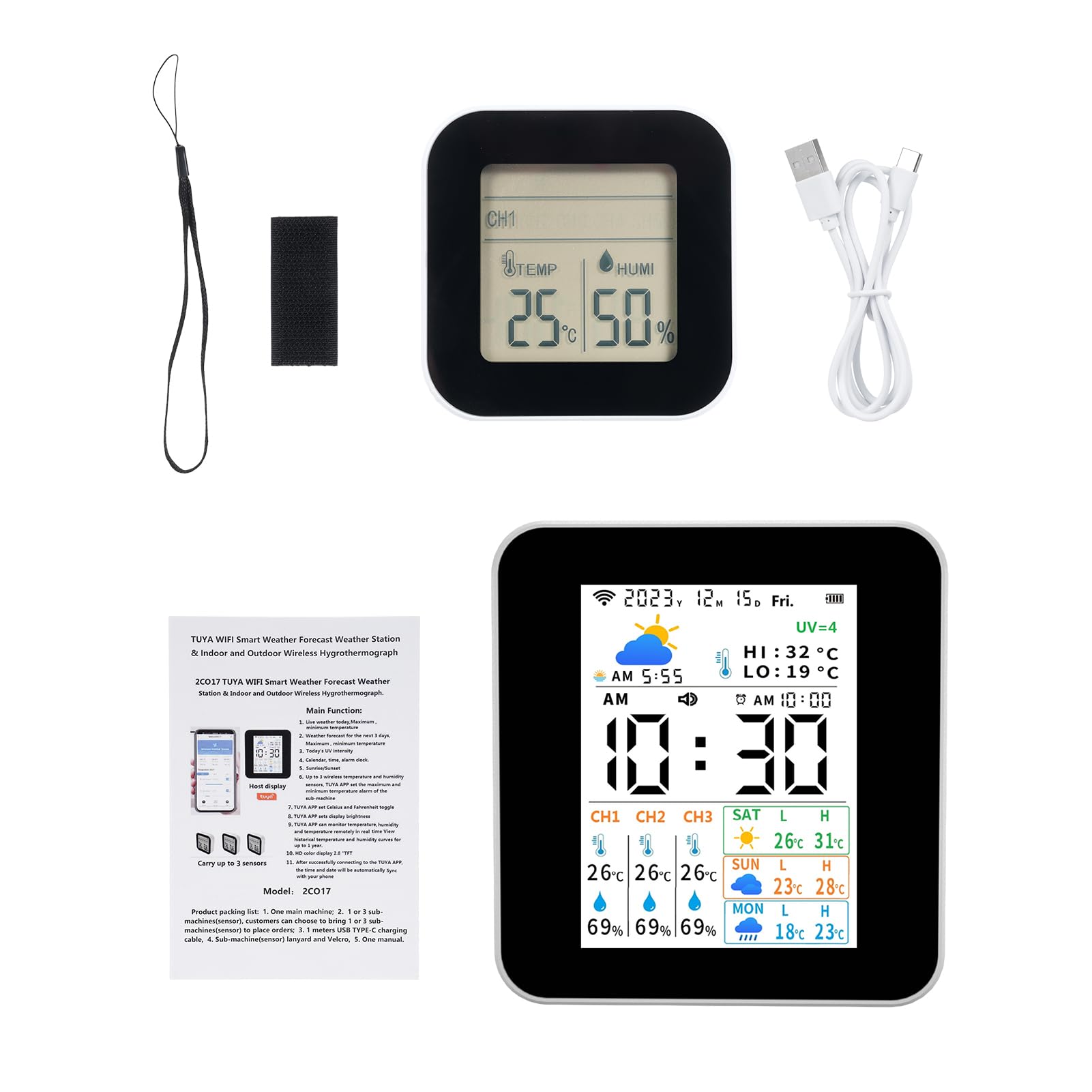 Termómetro para interiores y exteriores, estación meteorológica inalámbrica Tuya con 3 sensores, medidor de humedad y temperatura, monitor de pronóstico en tiempo real, compatible (con 1 sensor)