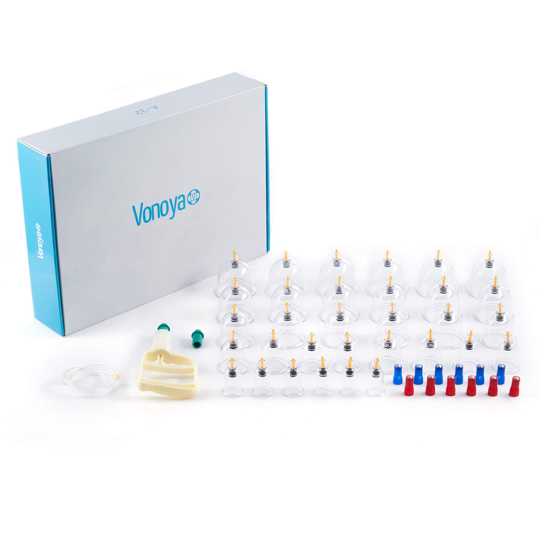 VONOYA 32pc Cupping Therapy Set with Pump B1-7 & U4-5 Suction Cups, Massage Tool Kit for TCM Acupoint Therapy Lymphatic Drainage Neck and Back Pain Relief Cellulite Removal and More