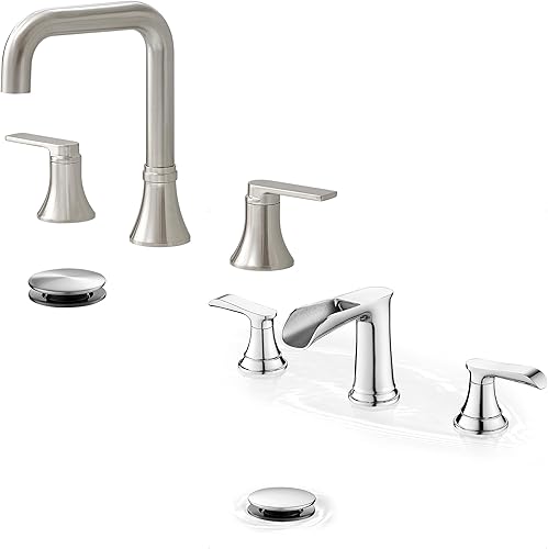 Grifo de baño de 3 agujeros, grifo de cascada generalizado, grifo giratorio de 360 grados, 2 manijas para fregadero con drenaje desplegable para