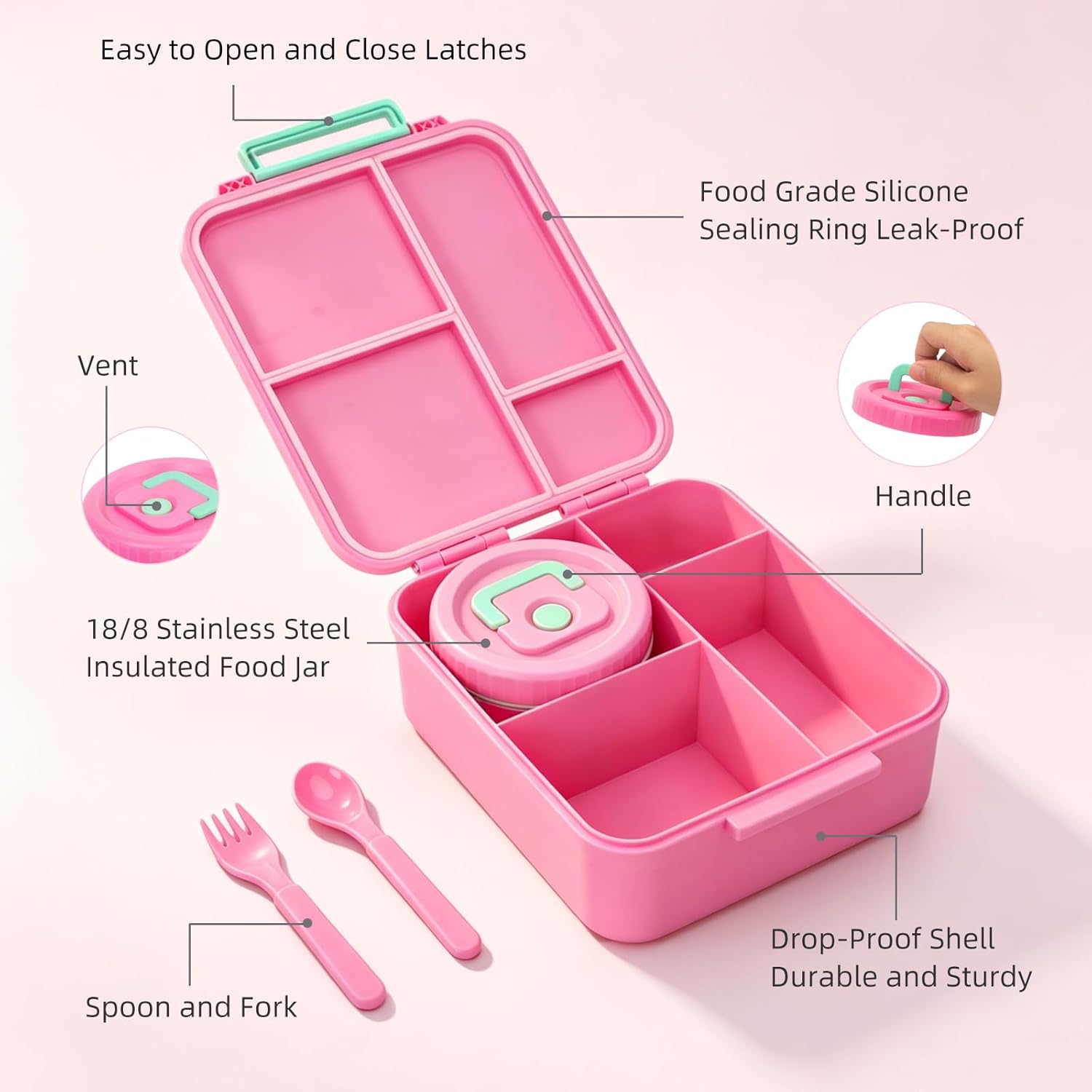 Kids Bento Lunch Box with 12oz Insulated Food Jar, Leak-Proof 4-Compartment Lunch Box for Hot & Cold Food, Easy-Open School Lunch Container for Toddlers Boys & Girls