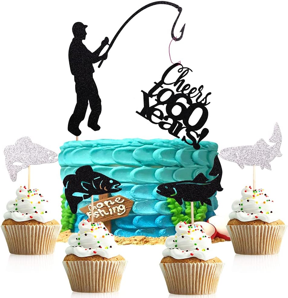 6pcs fishing cake topper Cheers to 60 Years,Happy 60th birthday cake topper,Fishing theme birthday party cake decorations๏ผBlack and silver๏ผ