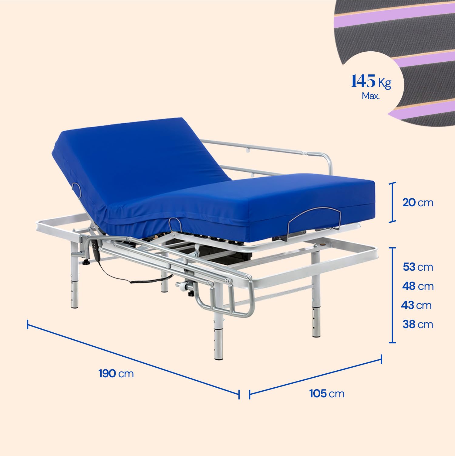 Geriafy Cama articulada con colchón Professional V6 MAX Care 105x190 cm | Patas regulables, barandillas abatibles, colchón viscoelástico de 20 cm y funda impermeable