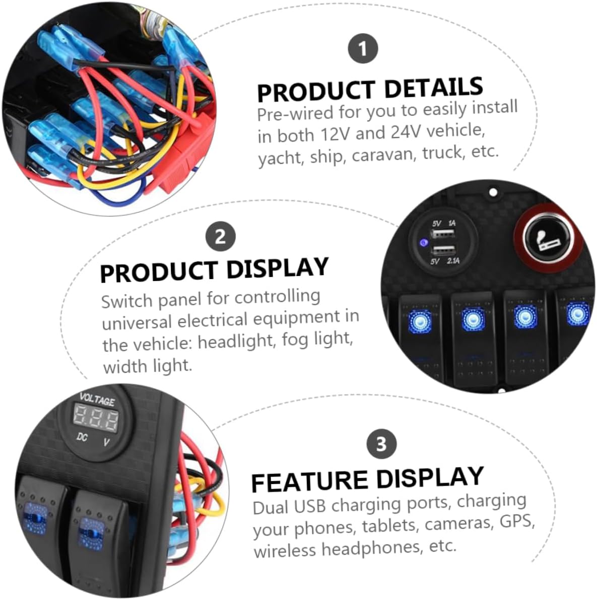 Button Switch Panel Voltmeter Usb Power Socket Safety Dual Usb Charging Overheat Overcurrent Protection