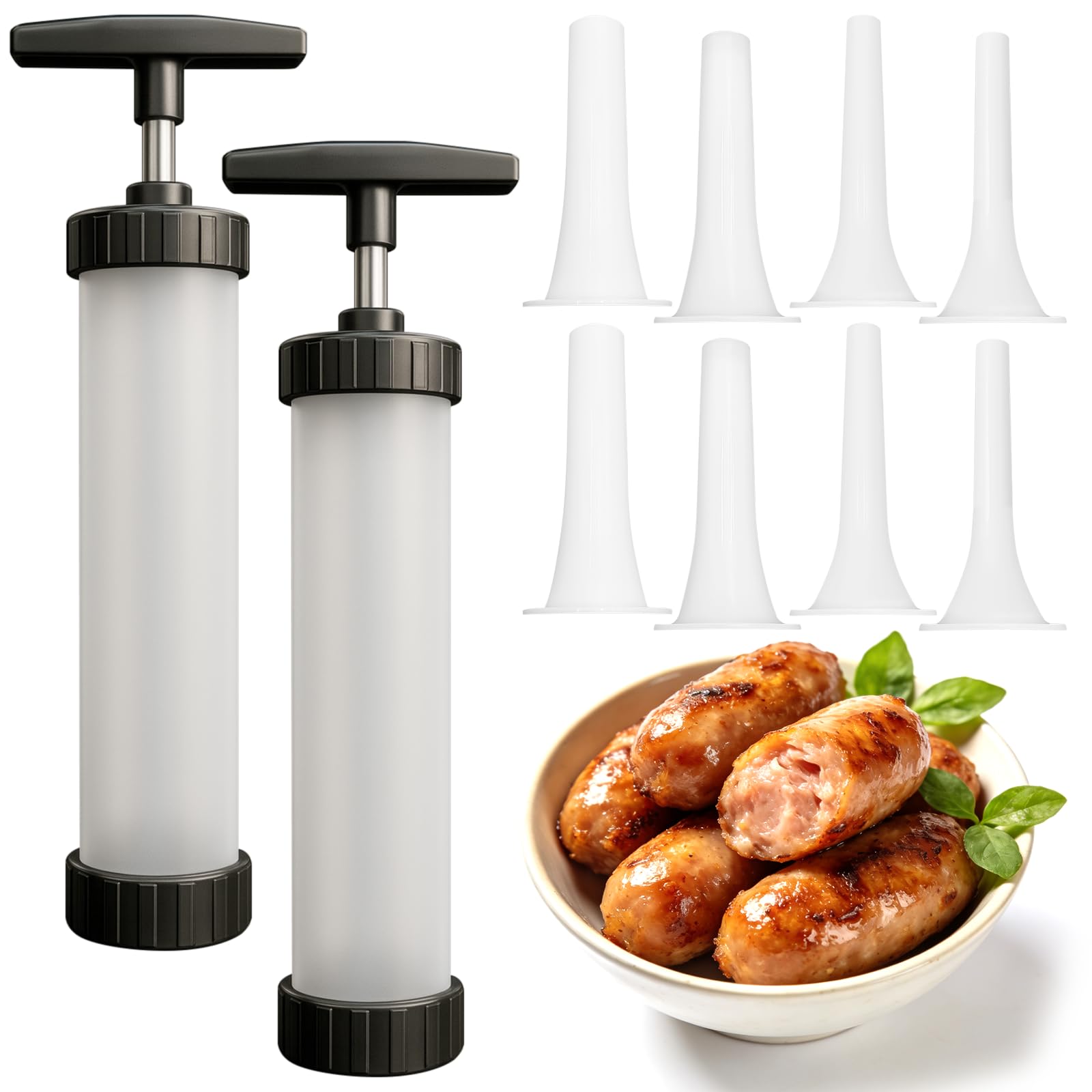 2 Set Sausage Stuffer, Plastic Meat Filler Funnel, Quick Meat Filling Tool, Hot Dog Stuffer with 4 Size Filling Tubes for Holiday Christmas Household Use Camping Outdoor BBQ