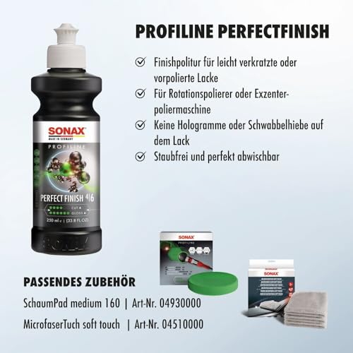 SONAX PROFILINE PerfectFinish (250 ml) Finishpolitur zum 1-stufigen Polieren von lokal...