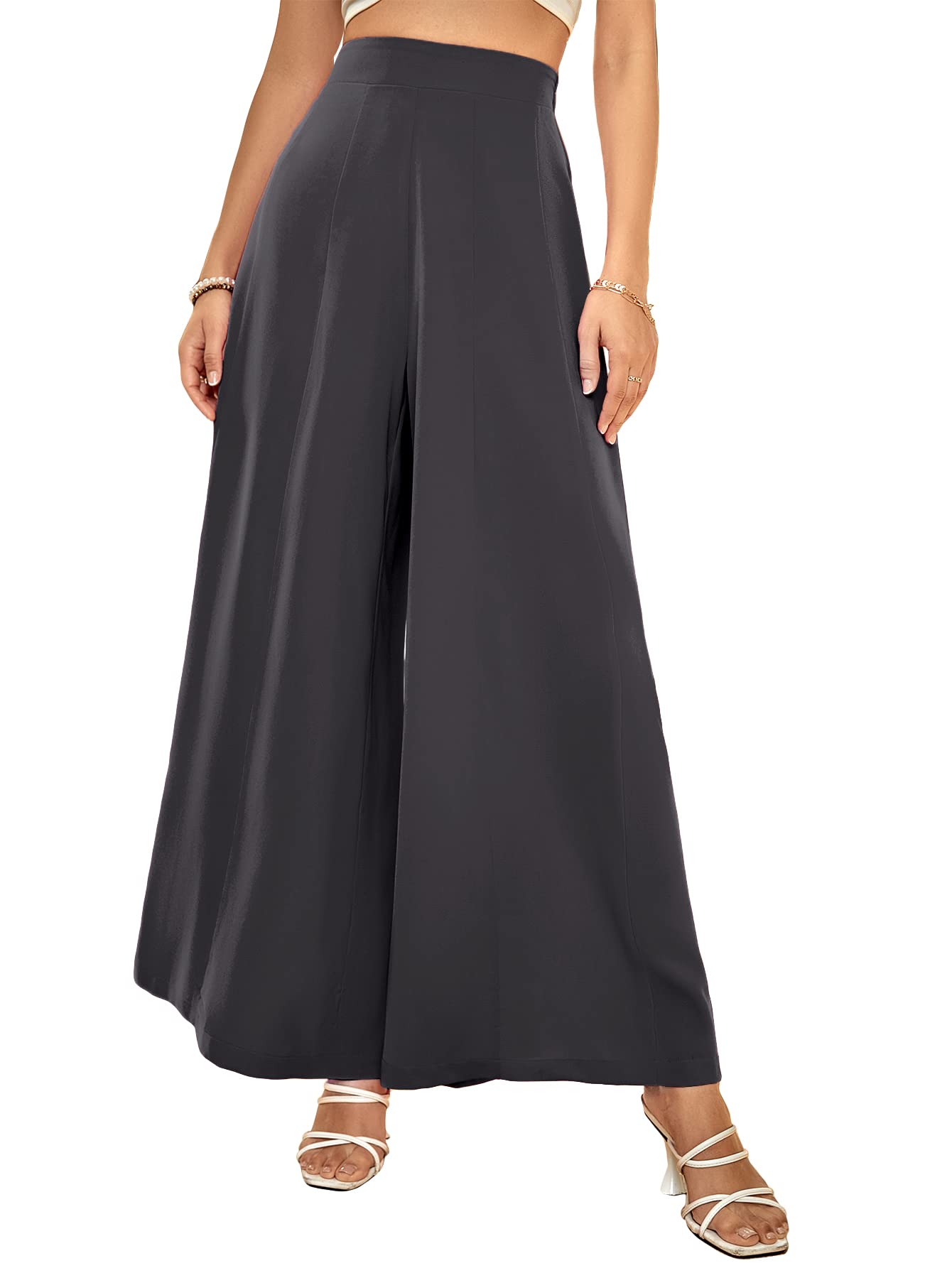 WDIRARA Womens Elastic High Waist Wide Leg Pants Casual Long Palazzo Pants