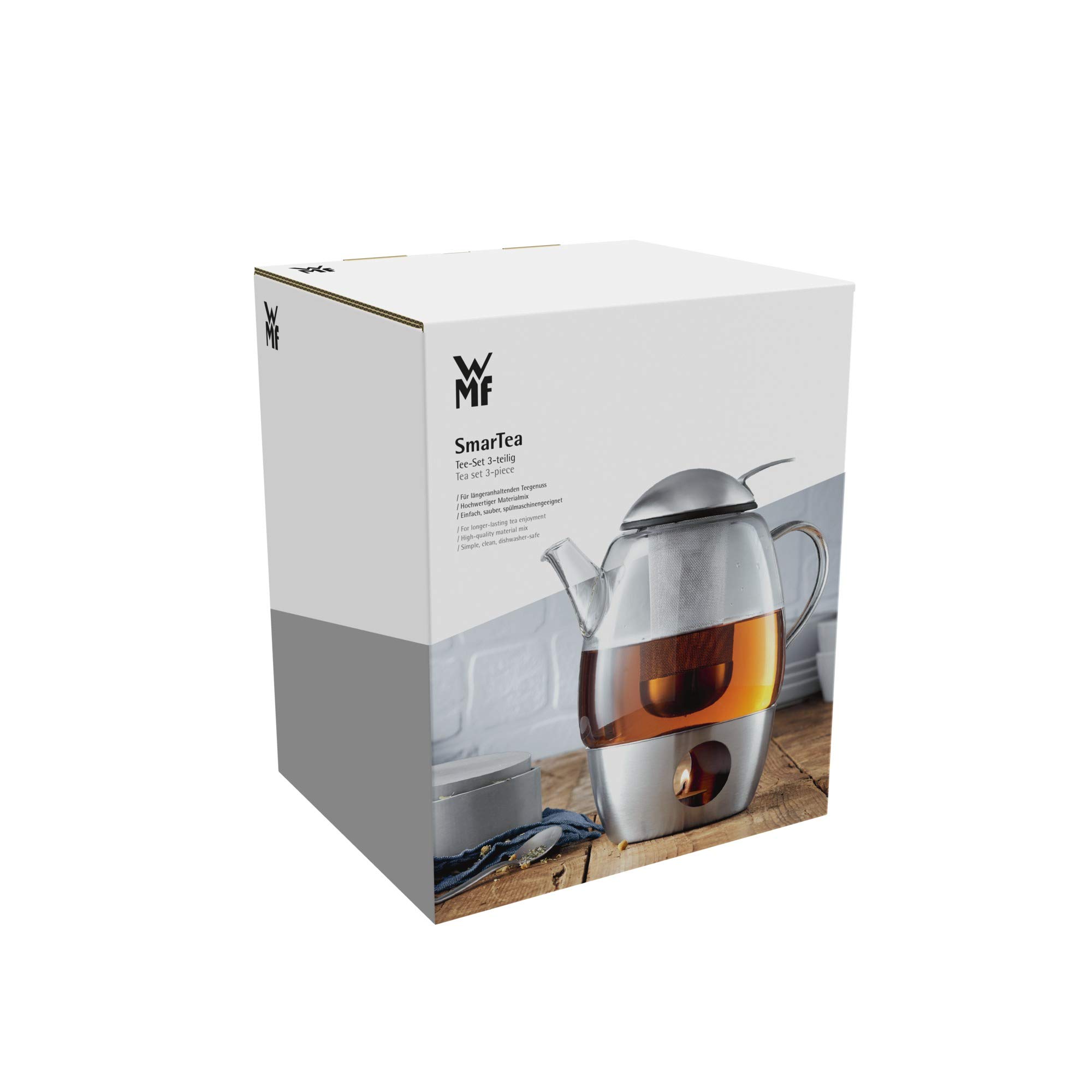 WMF SmarTea Teekanne Set 3-teilig Cromargan Edelstahl Glaskanne 1l mit Siebeinsatz Stövchen spülmaschinegeeignet