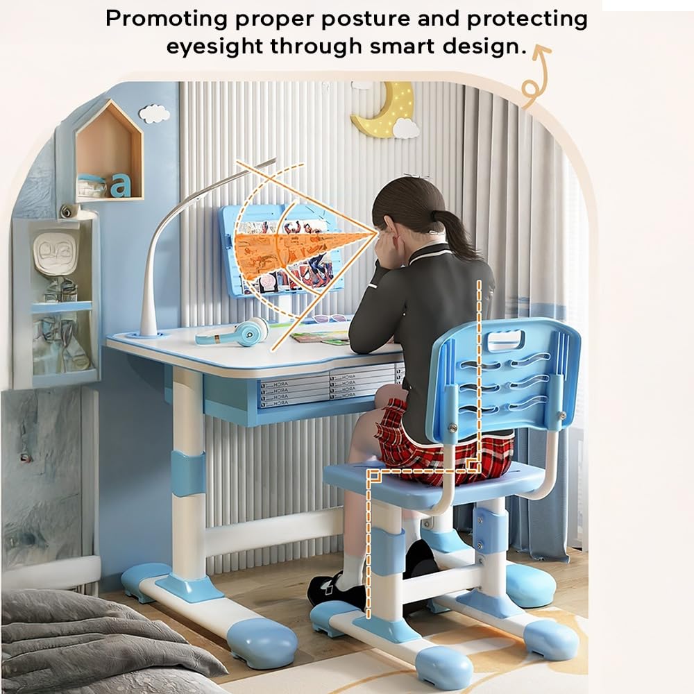StarAndDaisy Kids Functional Desk Chair Set 3-12years Boys Girls/Kids Study Table with Height Adjustable/Study Table with Bookholder, LED Lamp, Storage Box (K80-Blue) 2