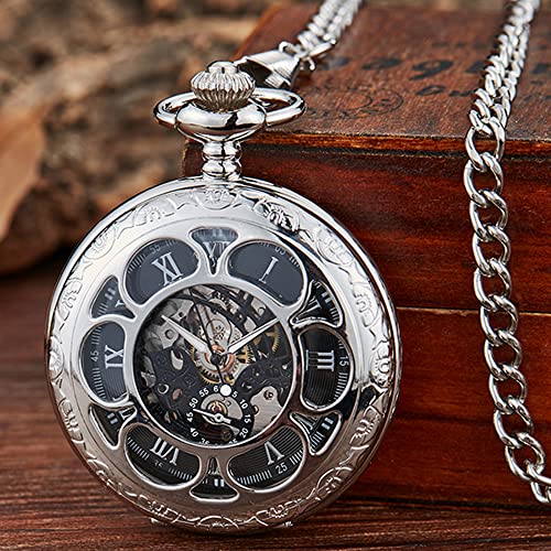 Image of Black and Silver Roman Numeral Dial Mens Mechanical Moon Phase Design, Moon Sun Pattern Skeleton Mechanical Pocket Watches for Men with Case and Chain - Black
