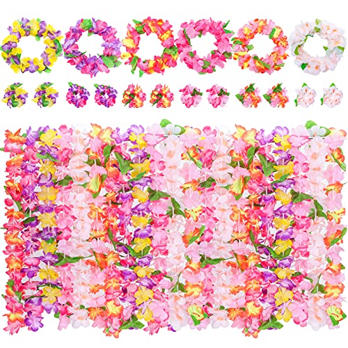 FUTUREPLUSX Hawaiian Leis, 48PCS Hawaiian Party Necklace Headbands and Wristbands for Hawaiian Luau Decoration Tropical themed Party