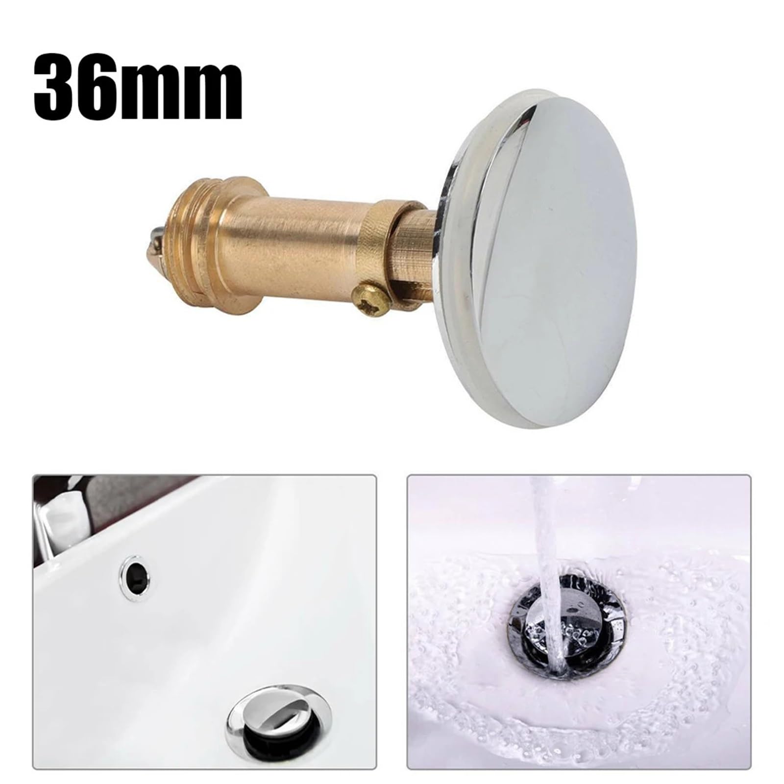Tapón para Lavabo, Tapón Universal for Lavabo de baño, Grifo 36mm, desagüe emergente, botón pulsador Cromado, Paquete 2