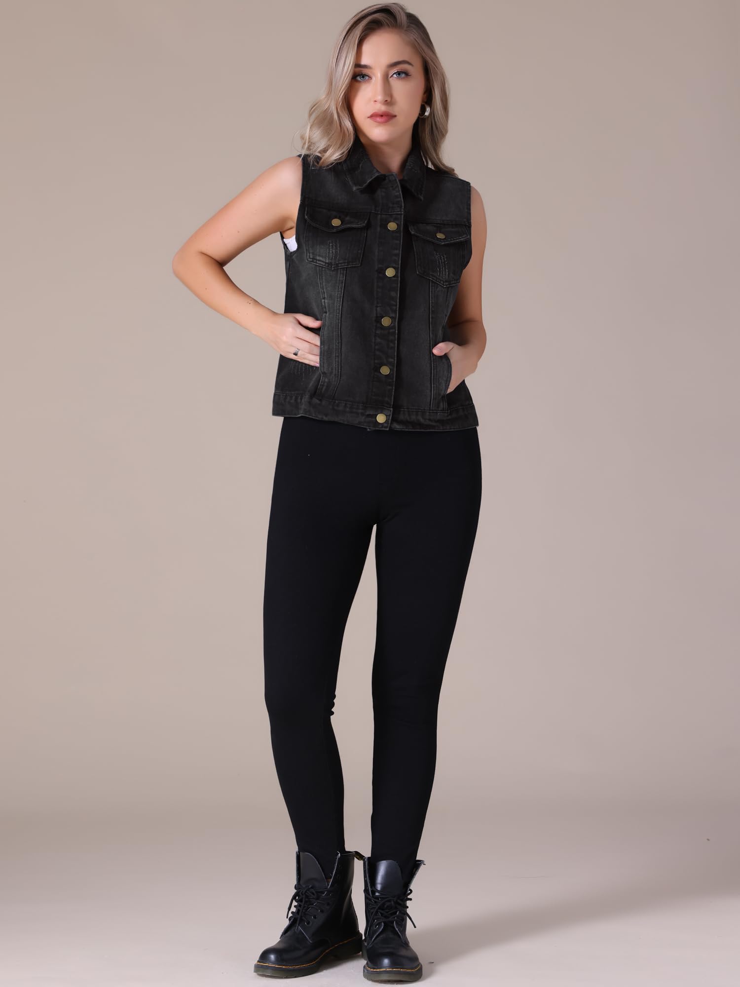 Donna Gilet in Denim con Bottoni Distressed senza Maniche Giacca Jean