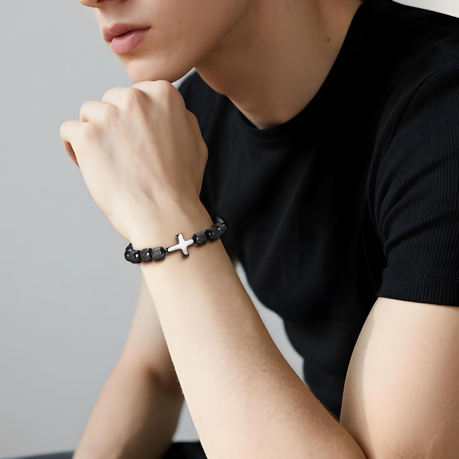 Cross Bracelet for Men, Adjustable Beaded Obsidian Bracelet Healing Christian Religious Crystal Confirmation Jewelry Gifts for son Grandson - Image 3