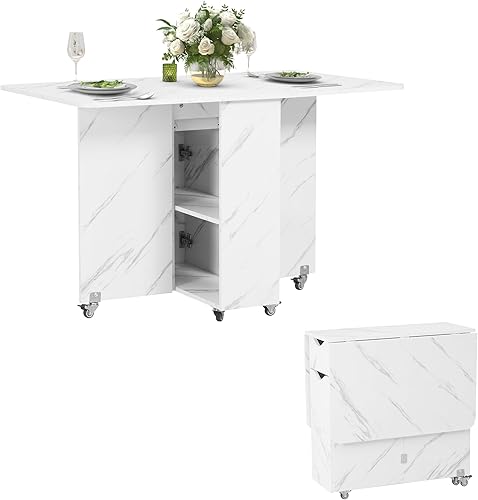 Miniatura 10 de Mesa de comedor plegable, mesa de comedor versátil con ruedas bloqueables y almacenamiento, mesa de comedor extensible que ahorra espacio con cajón,