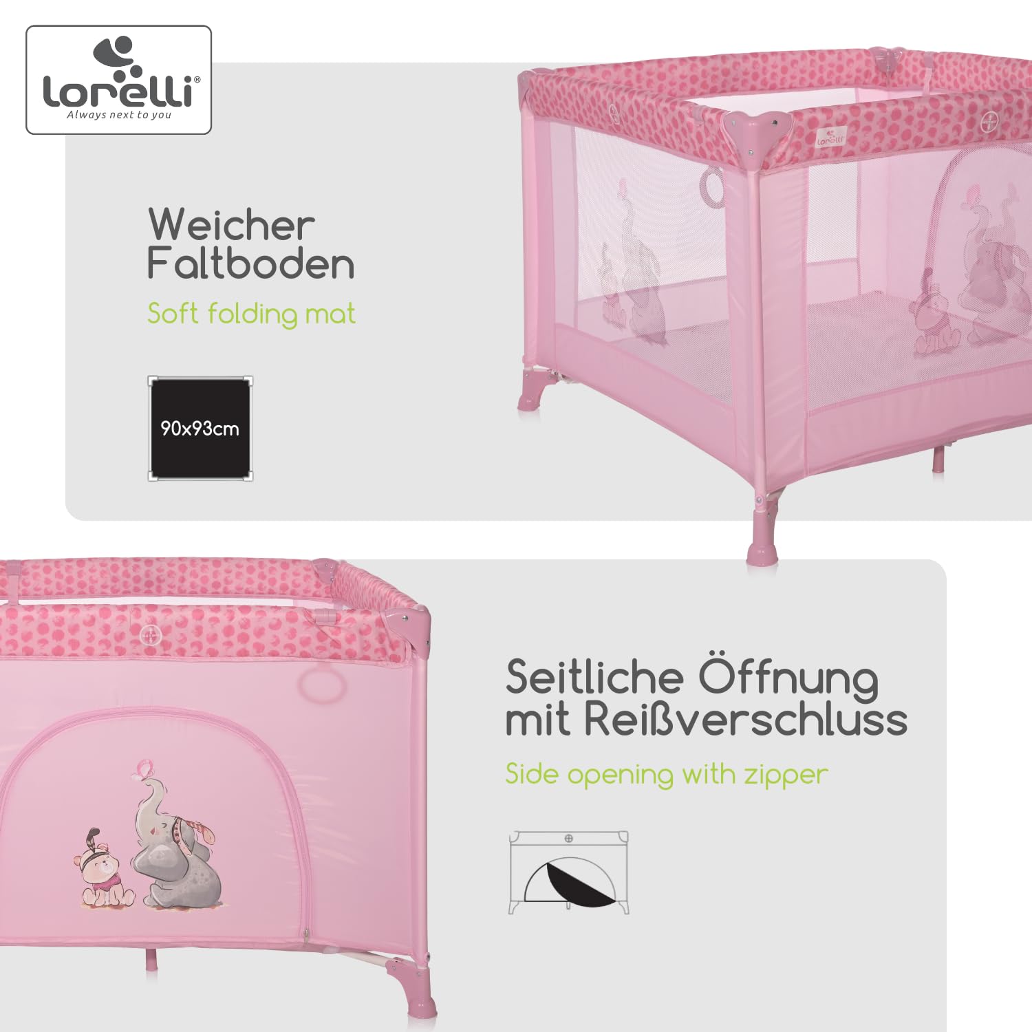 Lorelli Baby Laufstall Playground, kleiner Laufgitter 100x100 cm, Absperrgitter mit atmungsaktivem Netz, Schutzgitter mit Reißverschlusstür, faltbarer Krabbelgitter, rosa