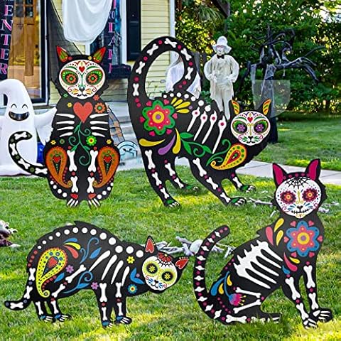 Halloween Yard Sign Skeleton Cat Silhouette Yard Signs with Stakes Halloween Lawn Sign Decor for Family Home Party Outdoor, Corrugated Plastic, Waterproof Yard Decorations Decor Cover