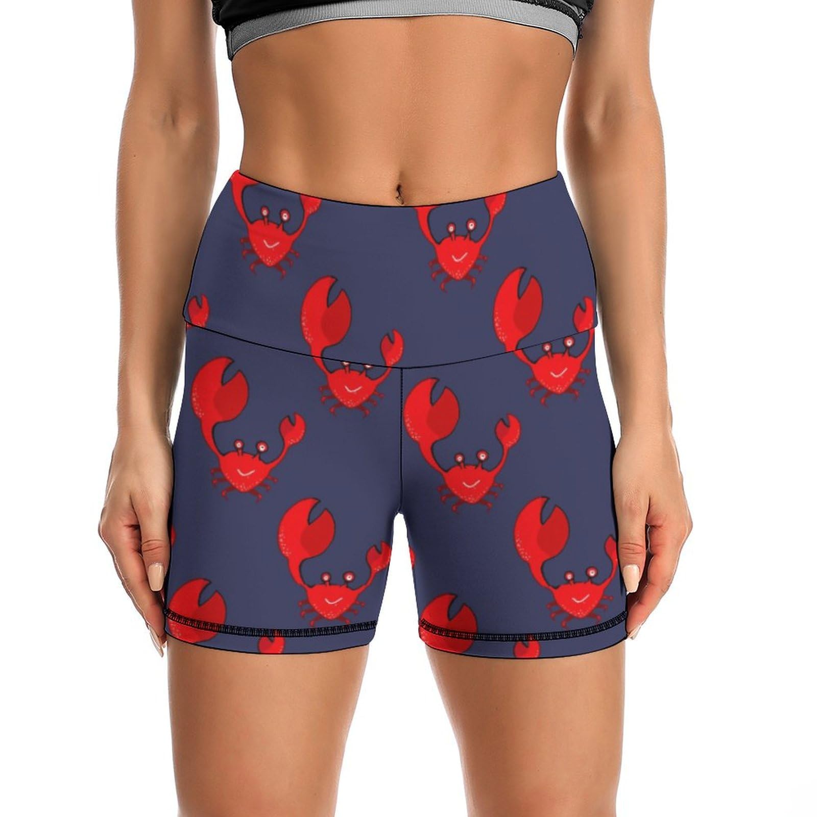 Cute Crab of Animal Pattern High Waist Yoga Shorts for Women Athletic Shorts Leggings Running Pants Black