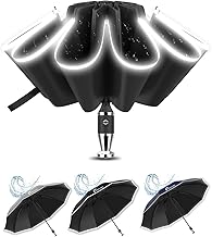ANYCHO Inverted Umbrella for Men, 3 Fold Umbrella for Travel with Reflective Stripe 10 Ribs, 45 Inch Windproof & UV Protection Small Folding Umbrella with Auto Open and Close, Portable Car umbrella for Women