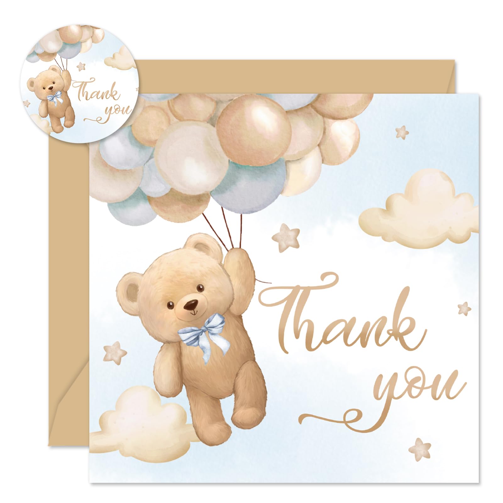 Whaline 24 Pack Bear Thank You Card Brown Bear Balloon Greeting Card with Envelope Sticker Cute Blank Note Cards for Baby Shower Birthday Party