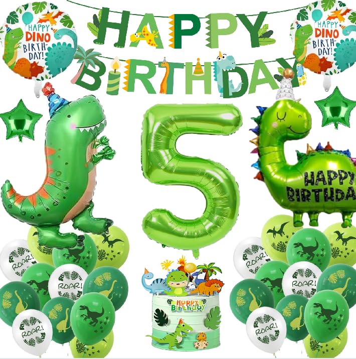 Dinosaur 5th Birthday Decorations Boys,Green Number 5 Foil Balloons with Happy Birthday Banner and Dinosaur Foil Balloons for 5 Years Old Party Decorations — image 1