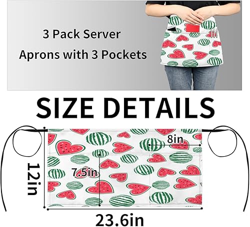 Miniatura 4 de Watermelon Heart Shaped 3 Pack Server Aprons with 3 Pocket Waterproof Womens Half Waist Aprons for Cooking Dishwashing Kitchen Gardening Salon