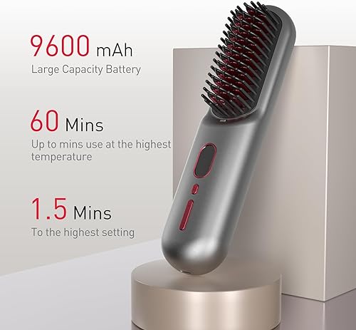 Miniatura 2 de MODESTY Cepillo alisador de pelo inalámbrico portátil, cepillo alisador portátil de iones negativos, batería de 60 minutos de largo, alisador de