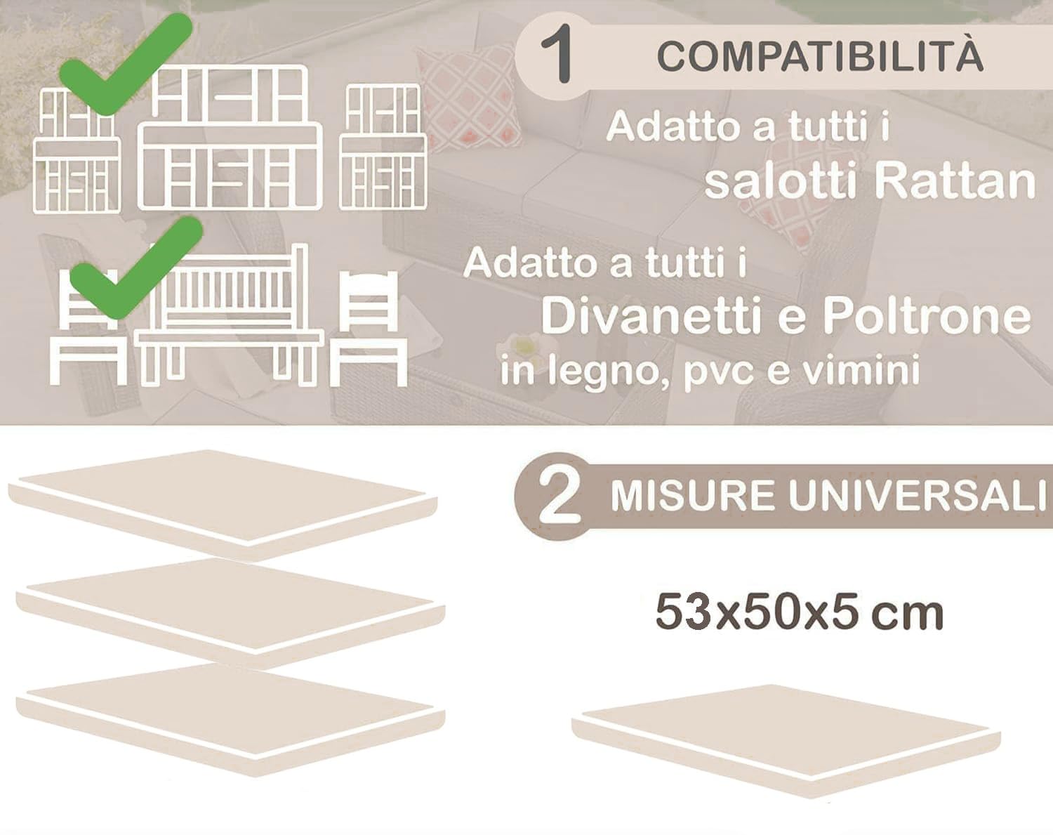 HAND 4 Cuscini da Esterno 53x50 cm, Alto 5 cm - per Sedie da Giardino - Seduta Imbottita, Morbida, Cuscini per Arredo Esterni, Salottini Rattan, 100% Cotone, Prodotto in Italia (Ecrù)