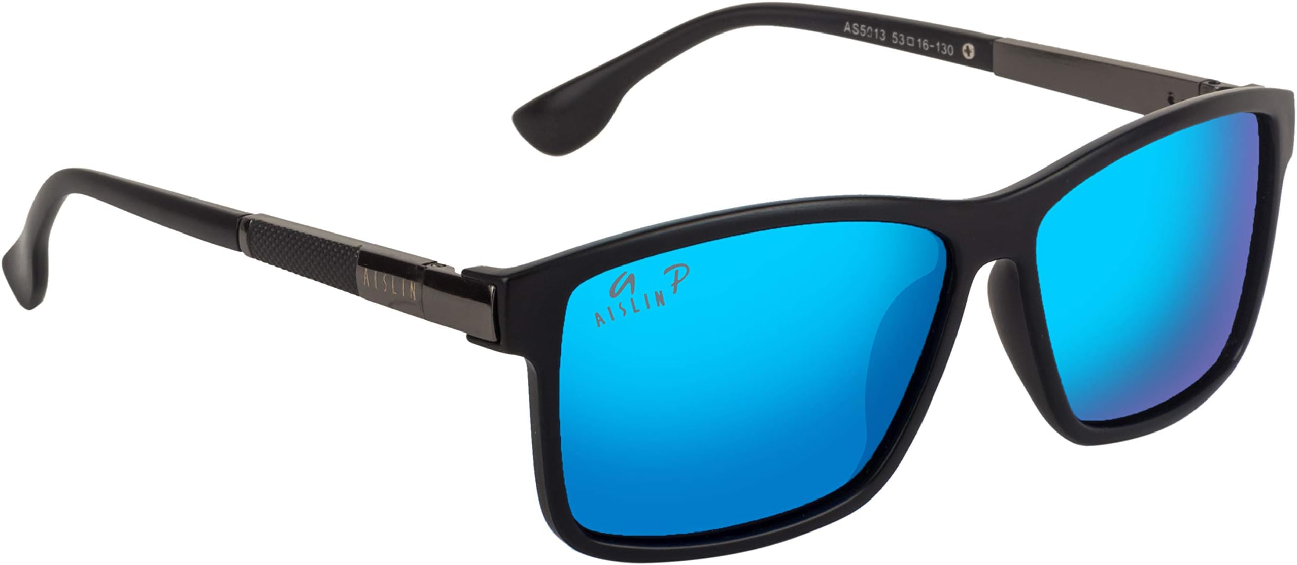 AISLIN® Polarized Rectangular Unisex Sunglasses - (Sky Blue Mirror Lens | Matte Black-Gun Frame | Small Size)